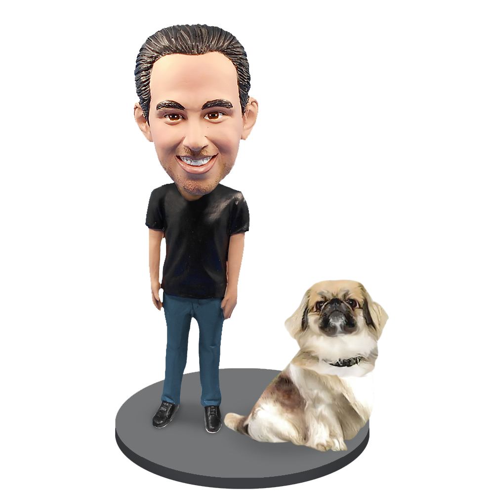 Custom Male with Custom Pet Dog Bobblehead - Pekingese