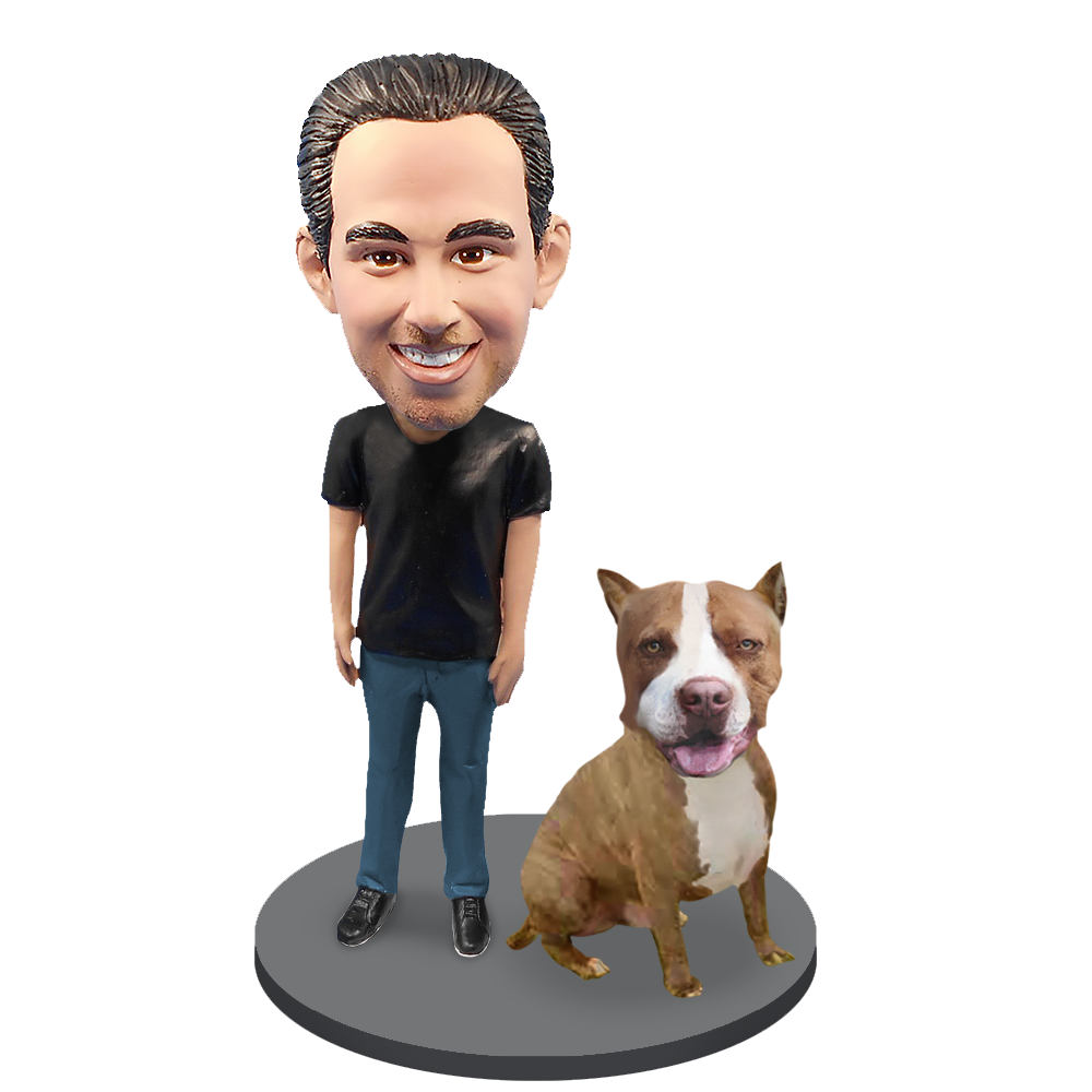 Custom Male with Custom Pet Dog Bobblehead - Pit Bull Brown