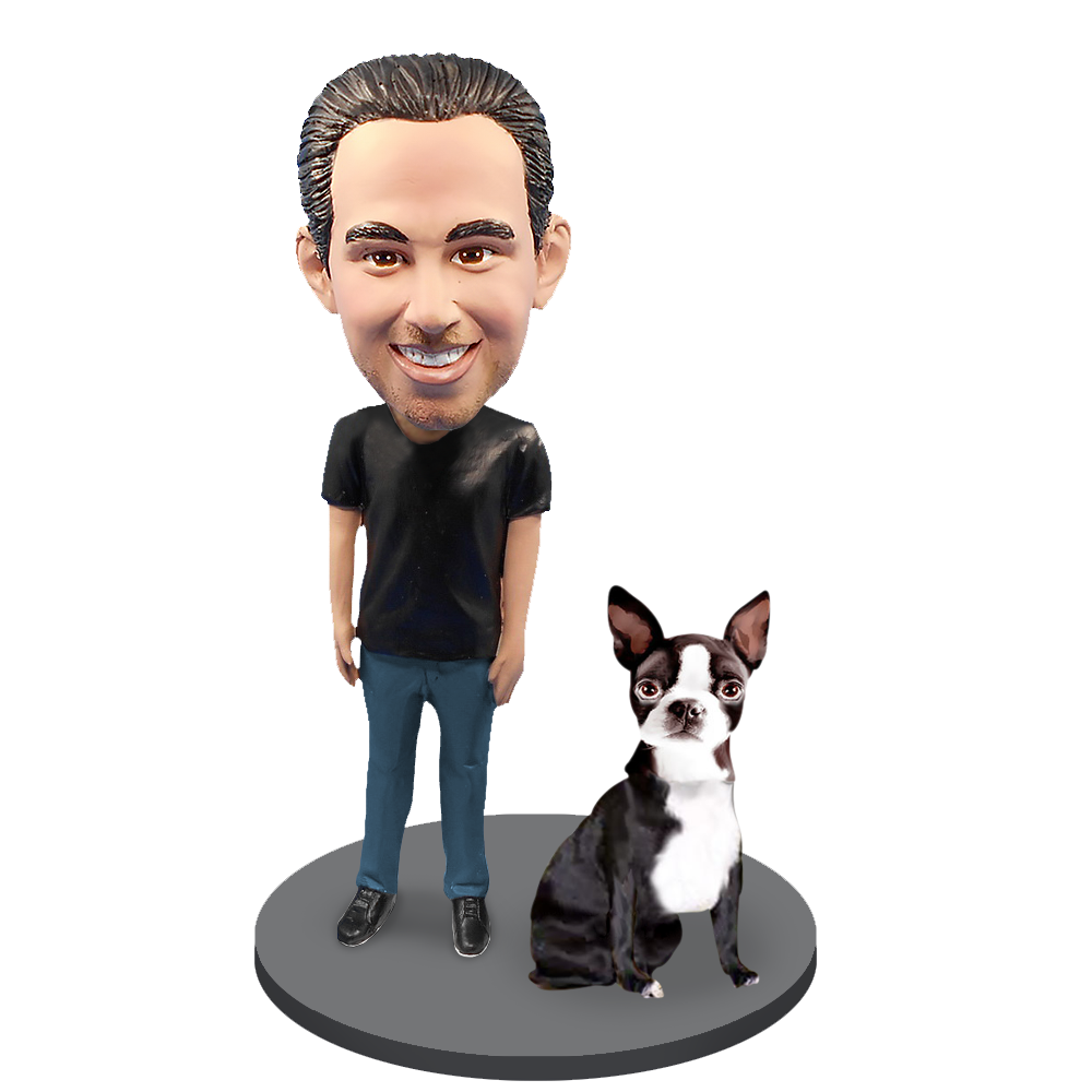 Custom Male with Custom Pet Dog Bobblehead - Boston Terrier
