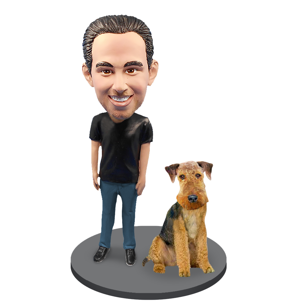 Custom Male with Custom Pet Dog Bobblehead - Airedale
