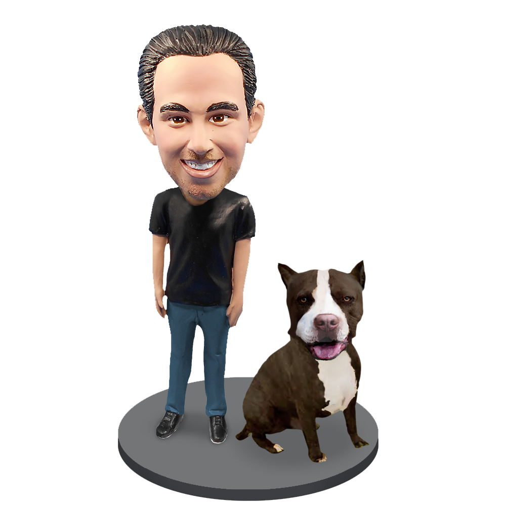 Custom Male with Custom Pet Dog Bobblehead - Pit Bull Black and White