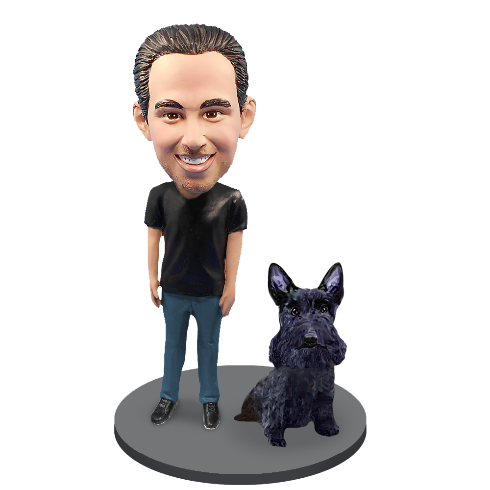 Custom Male with Custom Pet Dog Bobblehead - Scottish Terrier