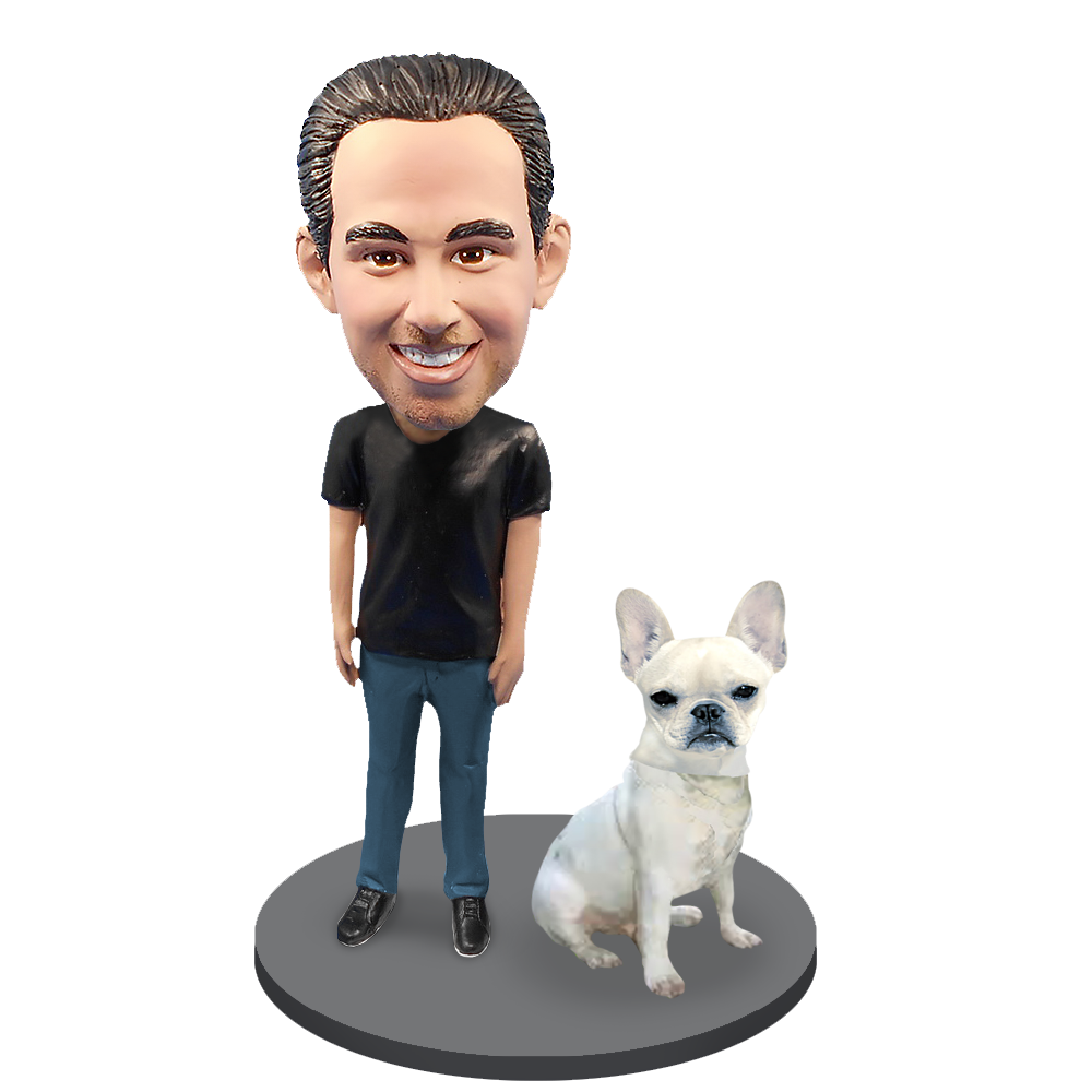 Custom Male with Custom Pet Dog Bobblehead - French Bulldog Cream