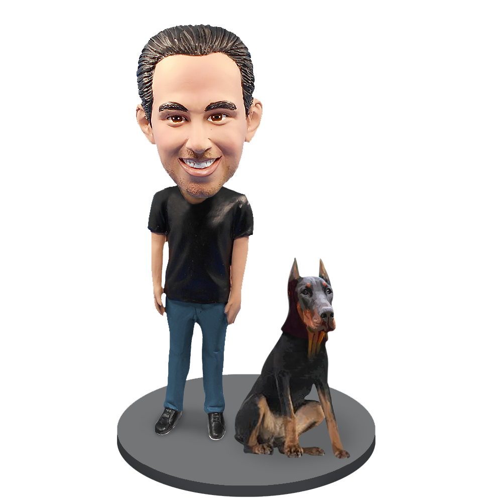 Custom Male with Custom Pet Dog Bobblehead - Doberman Pinscher