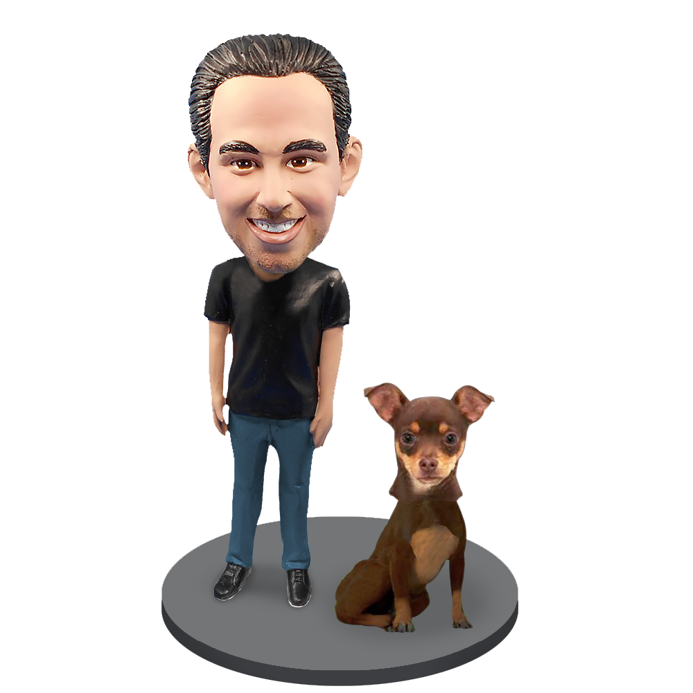 Custom Male with Custom Pet Dog Bobblehead - Chihuahuas Brown