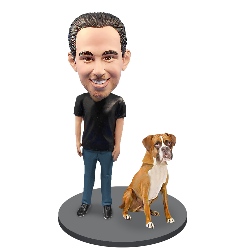 Custom Male with Custom Pet Dog Bobblehead - Boxer Gold