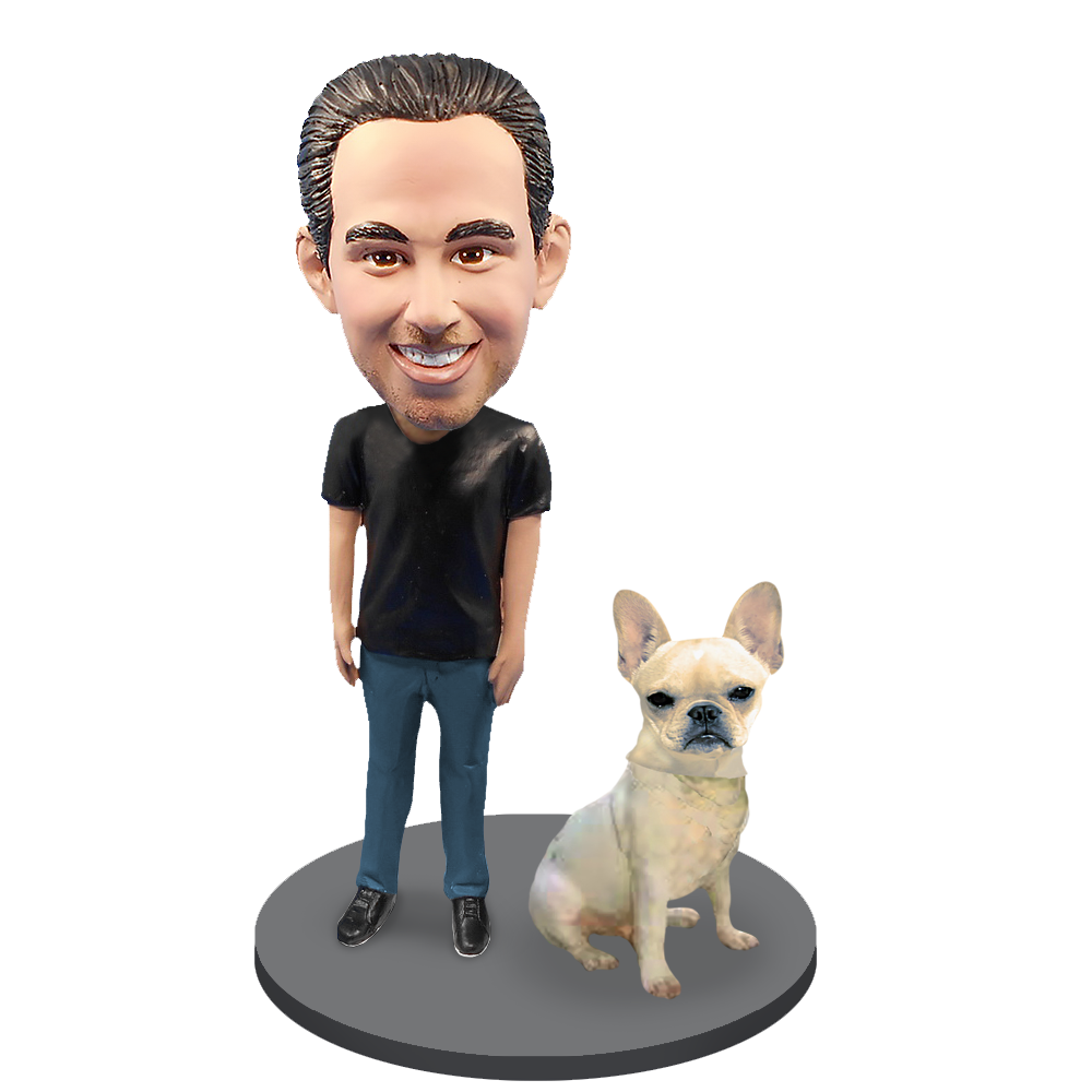 Custom Male with Custom Pet Dog Bobblehead - French Bulldog Fawn