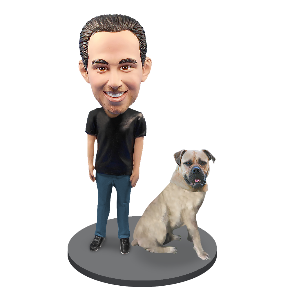 Custom Male with Custom Pet Dog Bobblehead - Bull Mastiff White Fawn