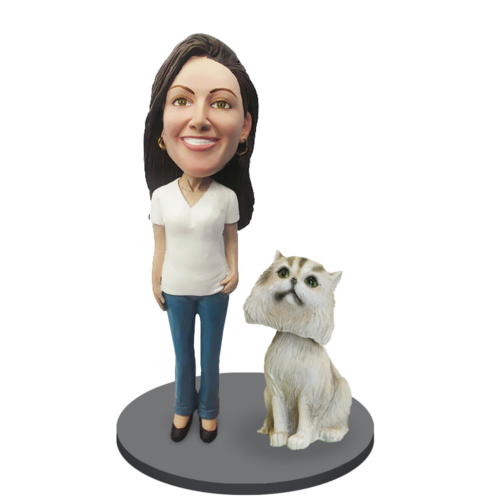 Custom Female with Custom Pet Cat Bobblehead